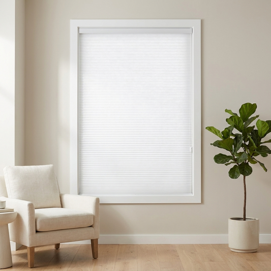 Ready-made semi blackout honeycomb cellular blind in Pure White on a bright window